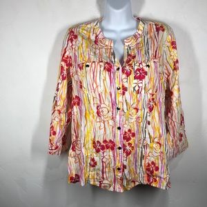 Coral Bay floral stripe linen blend blouse size MP